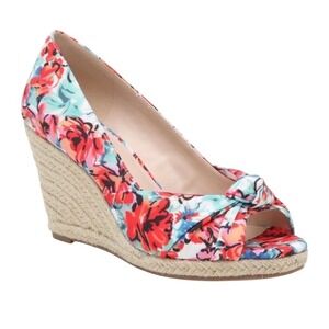 Kelly & Katie Floral Peep-Toe Espadrille Wedges - Coral & Aqua